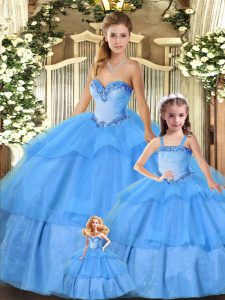 Baby Blue Ball Gowns Sweetheart Sleeveless Organza Floor Length Lace Up Beading and Ruffled Layers Quinceanera Dress