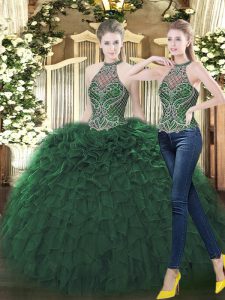 Dark Green Sleeveless Organza Lace Up Quince Ball Gowns for Military Ball and Sweet 16 and Quinceanera