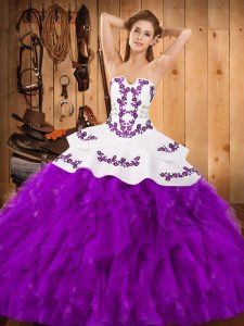 Excellent Ball Gowns Sweet 16 Dress Eggplant Purple Strapless Satin and Organza Sleeveless Floor Length Lace Up