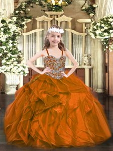 Perfect Rust Red Lace Up Little Girls Pageant Gowns Beading and Ruffles Sleeveless Floor Length