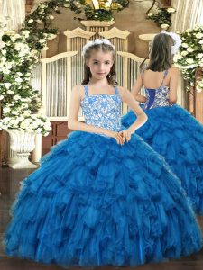 Exquisite Blue Ball Gowns Beading and Ruffles Pageant Dress for Teens Lace Up Organza Sleeveless Floor Length