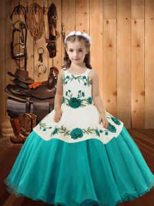 Floor Length Aqua Blue Little Girls Pageant Dress Organza Sleeveless Embroidery