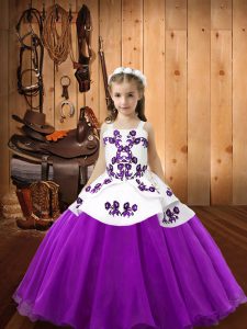 Eggplant Purple Ball Gowns Straps Sleeveless Organza Floor Length Lace Up Embroidery Pageant Dress for Teens