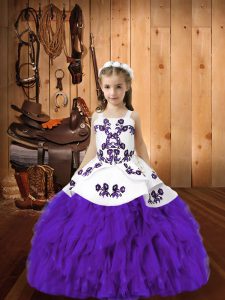 Sleeveless Floor Length Embroidery and Ruffles Lace Up Kids Pageant Dress with Eggplant Purple