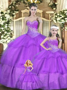 Hot Selling Lilac Sweetheart Lace Up Beading and Ruffles and Ruching 15 Quinceanera Dress Sleeveless