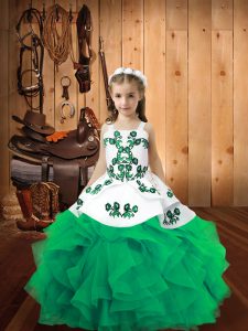 Cute Sleeveless Floor Length Embroidery and Ruffles Lace Up Kids Pageant Dress with Turquoise