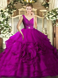 New Arrival Fuchsia V-neck Neckline Beading and Ruffles Quinceanera Gown Sleeveless Backless