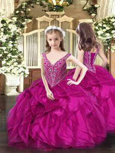 Charming V-neck Sleeveless Lace Up Pageant Gowns For Girls Fuchsia Organza