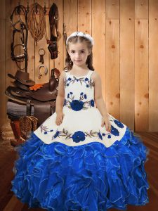 Excellent Blue Organza Lace Up Straps Sleeveless Floor Length Little Girls Pageant Dress Embroidery and Ruffles