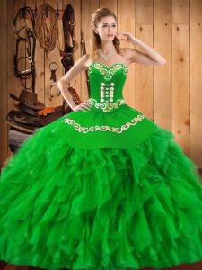 Attractive Green Sweetheart Neckline Embroidery and Ruffles 15th Birthday Dress Sleeveless Lace Up