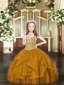 Brown Ball Gowns Tulle Spaghetti Straps Sleeveless Beading and Ruffles Floor Length Lace Up Child Pageant Dress