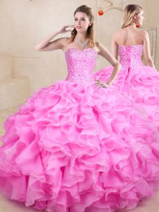 Sumptuous Rose Pink Sleeveless Beading and Ruffles Floor Length Quince Ball Gowns