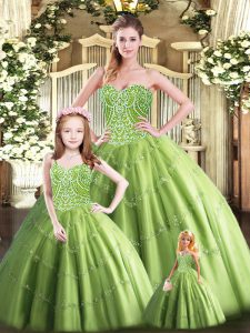 Beautiful Sleeveless Tulle Floor Length Lace Up Quinceanera Gowns in Olive Green with Beading
