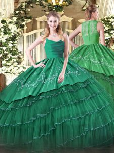 Fashion Dark Green Straps Neckline Embroidery and Ruffled Layers Quinceanera Gown Sleeveless Zipper