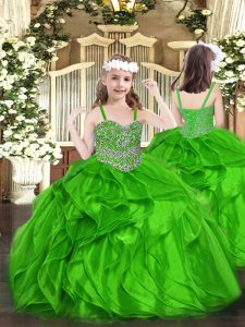 Customized Green Straps Neckline Beading and Ruffles Little Girls Pageant Dress Wholesale Sleeveless Lace Up