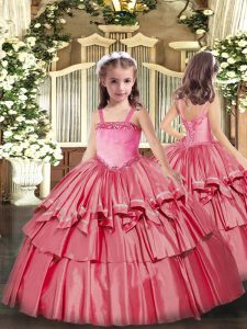Excellent Sleeveless Organza Floor Length Lace Up Little Girls Pageant Dress Wholesale in Coral Red with Appliques and Ruffled Layers