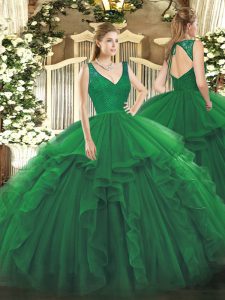 Dark Green Ball Gowns Beading and Lace and Ruffles Quinceanera Gown Backless Organza Sleeveless Floor Length