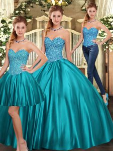 Teal Tulle Lace Up Sweet 16 Dresses Sleeveless Floor Length Beading