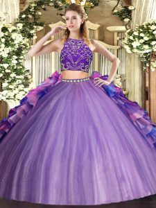 Graceful Two Pieces 15th Birthday Dress Multi-color High-neck Tulle Sleeveless Floor Length Zipper