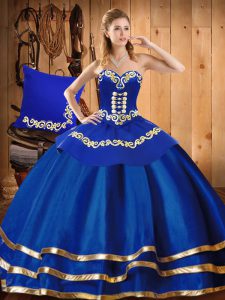 Sexy Sweetheart Sleeveless 15 Quinceanera Dress Floor Length Embroidery Blue Satin and Tulle