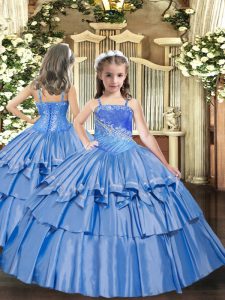 Baby Blue Sleeveless Beading and Ruffled Layers Floor Length Pageant Dress for Girls
