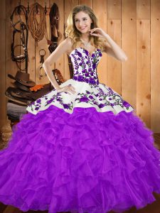 Best Selling Purple Tulle Lace Up Sweetheart Sleeveless Floor Length 15th Birthday Dress Embroidery and Ruffles