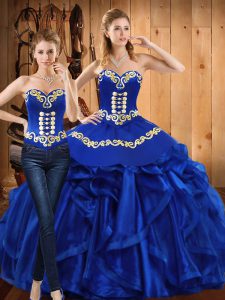 Sleeveless Floor Length Embroidery and Ruffles Lace Up 15 Quinceanera Dress with Royal Blue