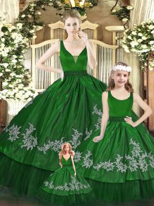 Stylish Green Organza Zipper V-neck Sleeveless Floor Length Ball Gown Prom Dress Beading and Appliques