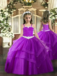 Charming Purple Lace Up Pageant Gowns For Girls Appliques and Ruffled Layers Sleeveless Floor Length