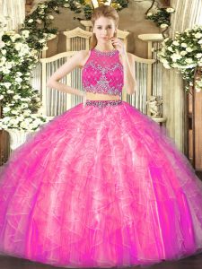 Fabulous Two Pieces Quinceanera Gowns Fuchsia Scoop Tulle Sleeveless Floor Length Zipper