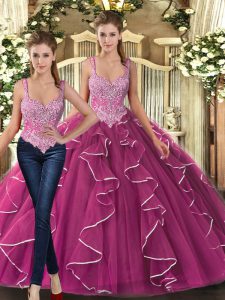 Amazing Fuchsia Straps Neckline Beading and Ruffles Sweet 16 Dresses Sleeveless Lace Up