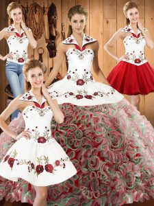 Top Selling Multi-color Ball Gowns Fabric With Rolling Flowers Halter Top Sleeveless Embroidery Lace Up Quinceanera Gowns Sweep Train