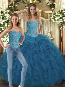 Sweetheart Sleeveless Tulle Quinceanera Dresses Beading and Ruffles Lace Up