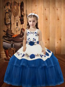 Embroidery and Ruffled Layers Pageant Dress Toddler Blue Lace Up Sleeveless Floor Length