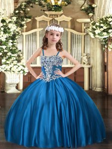 Straps Sleeveless Lace Up Kids Pageant Dress Blue Satin