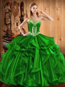 Cute Green Ball Gowns Embroidery and Ruffles Ball Gown Prom Dress Lace Up Organza Sleeveless Floor Length