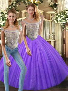 Romantic Beading Quinceanera Dress Eggplant Purple Lace Up Sleeveless Floor Length