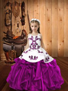 Embroidery and Ruffles Little Girls Pageant Dress Fuchsia Lace Up Sleeveless Floor Length