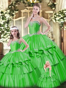 Edgy Green Ball Gowns Sweetheart Sleeveless Organza Floor Length Lace Up Beading and Ruffled Layers Quinceanera Gown