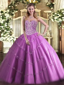 Sleeveless Floor Length Beading Lace Up Ball Gown Prom Dress with Lilac