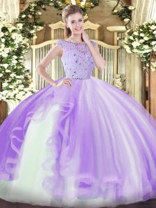 Lavender Tulle Zipper 15th Birthday Dress Sleeveless Floor Length Beading and Ruffles