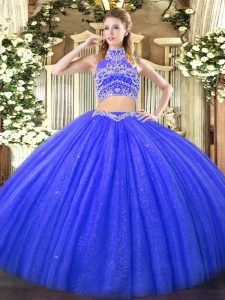 Blue Two Pieces Tulle High-neck Sleeveless Beading Floor Length Backless Quinceanera Gown