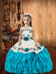 Ball Gowns Winning Pageant Gowns Baby Blue Straps Organza Sleeveless Floor Length Lace Up