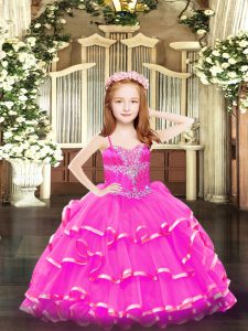 Hot Pink Little Girl Pageant Gowns Party and Quinceanera with Beading and Ruffled Layers Spaghetti Straps Sleeveless Lace Up