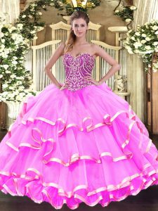 Custom Designed Beading and Ruffled Layers Quinceanera Gowns Rose Pink Lace Up Sleeveless Floor Length