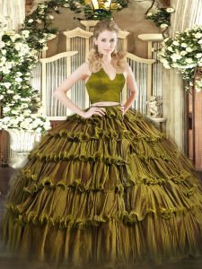 Pretty Olive Green Zipper Quinceanera Gowns Ruffled Layers Sleeveless Floor Length