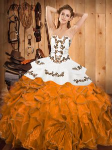 Flare Floor Length Lace Up Sweet 16 Quinceanera Dress Orange for Military Ball and Sweet 16 and Quinceanera with Embroidery and Ruffles