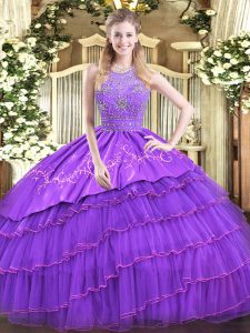 Custom Made Satin and Tulle Sleeveless Floor Length Quinceanera Gown and Beading and Embroidery and Ruffled Layers