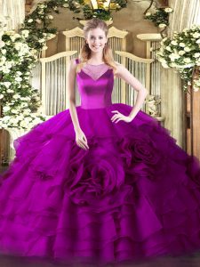 Graceful Fuchsia Scoop Neckline Beading and Ruffled Layers 15th Birthday Dress Sleeveless Side Zipper