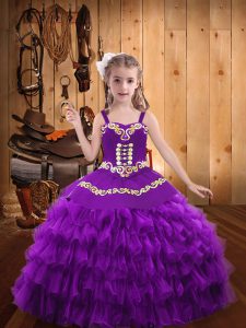 Purple Straps Neckline Beading and Embroidery and Ruffled Layers Little Girl Pageant Dress Sleeveless Lace Up